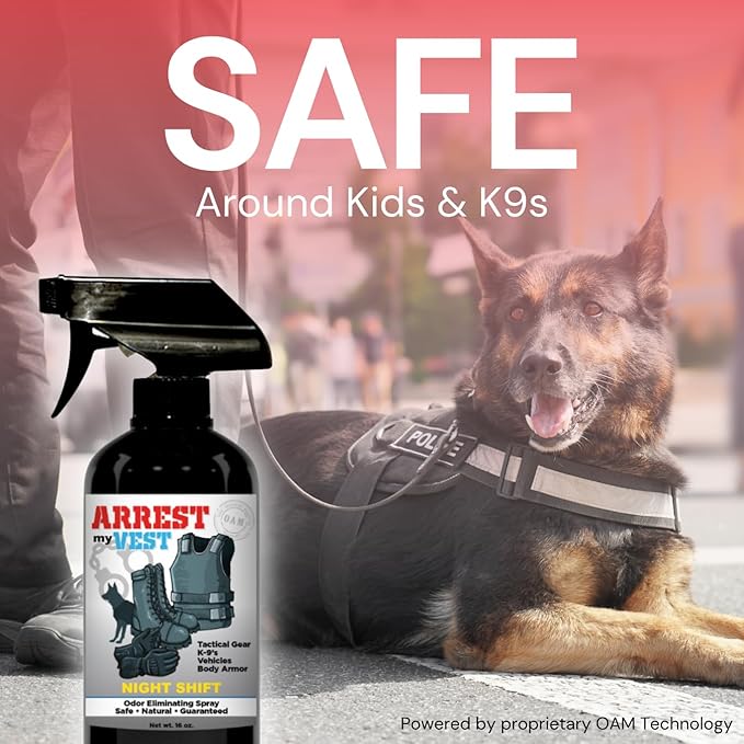 Arrest My Vest Military Grade Odor Eliminating Spray for Body Armor, Tactical Gear, and K9 Equipment. Safe on All Ballistic Vests, Fabrics, & Police Gear 1 Midnight & 1 Unscented 16 oz Bottles