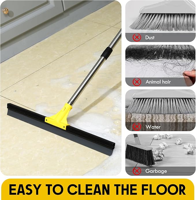 Floor Squeegee for Concrete and Tile Cleaning, 24'' Heavy Duty Rubber Wiper with 60'' Long Adjustable Handle Water Scraper for Bathroom Shower Glass Garage Glass Window(Yellow