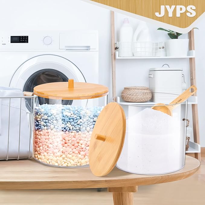 JYPS Large Capacity Laundry Pods Container with Bamboo Lid, Clear Acrylic Powder Detergent Containers for Pods, Scent Boosters & Powder, Laundry Room Organization decor, Airtight Storage Jars