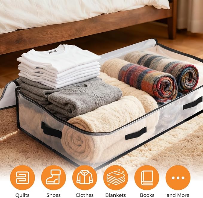 4 Pack Under Bed Storage Bags, 90L Foldable Clear Storage Containers with Handles, Dual Zippers for Comforter, Clothes, Bedding, Linen Sheets, Sweaters, Blanket Storage