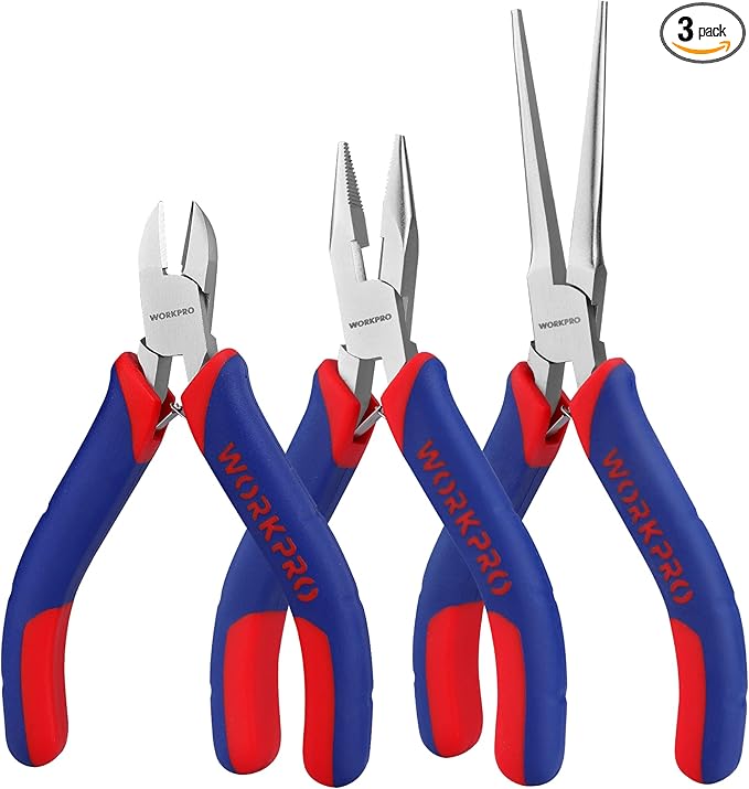 WORKPRO Mini Pliers Set, 3-Piece Small Pliers Tool Kit Includes 4” Diagonal Plier, 5” Long Nose Plier, 6” Needle Nose Plier, for Making Crafts, Repairing Electronic Devices