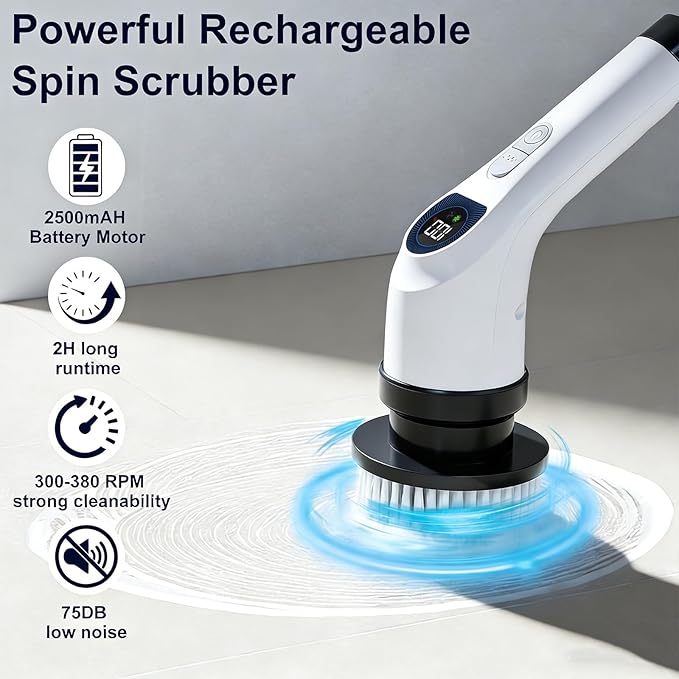 Electric Spin Scrubber for Cleaning, Adjustable Shower Brush with 7 Replaceable Heads & Power LED Display, 2 Speed Waterproof Cordless Shower Scrubber for Bathtub, Kitchen, Car, White