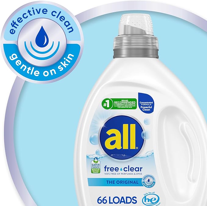 all free clear, Original, Liquid Laundry Detergent for Sensitive Skin, Unscented and Hypoallergenic, Concentrated, 50oz, 66 Loads