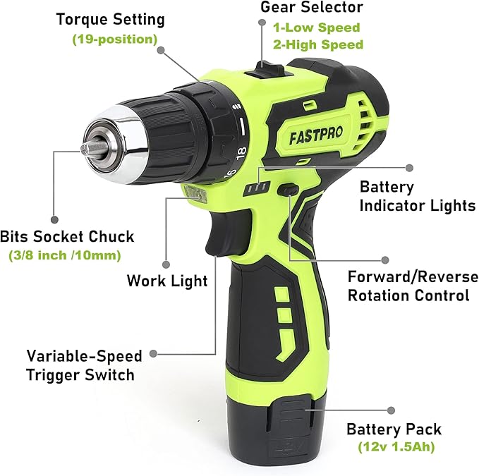 FASTPRO 175-Piece 12V Cordless Drill Set, Drill Driver and Home Tool Kit, House Repairing Tool with 12-Inch Storage Bag, For DIY, Home Maintenance, Green