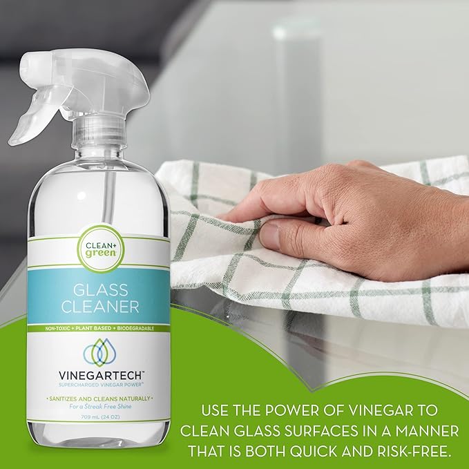 CLEAN+GREEN VinegarTech Glass Cleaner Spray - Cleaning Vinegar- Vinegar For Cleaning Purpose - Glass Cleaner, Window Cleaner, Bathroom Glass Cleaner- Spray Cleaner for House Supplies- 24 Fl Oz