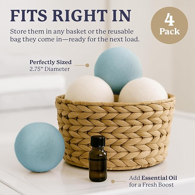 Farberware Wool Dryer Balls 4 Pack – Reusable 100% Wool Balls for Dryer – Natural Fabric Softener for Laundry, Towels & Bedding, Replaces Fabric Sheets & Liquid Softeners