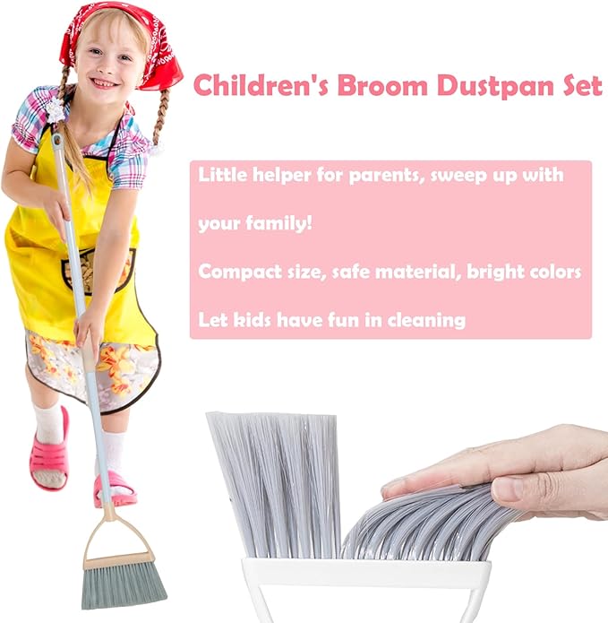 Mini Broom with Dustpan for Kids,Little Housekeeping Helper Set (Light Blue)