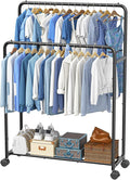 Simple Trending Clothing Clothes Rack Double Rods with Wheels, Rolling Metal Garment Rack for Hanging, Black