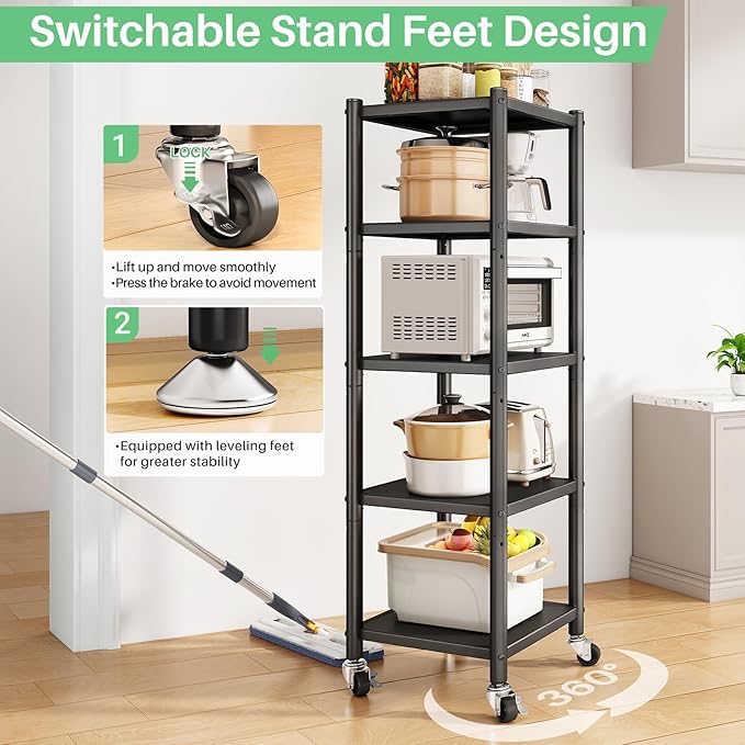 PXRACK 5-Tier Kitchen Storage Shelves, Adjustable Metal Shelves for Storage Pantry Shelves with Rolling Wheels, Storage Rack Shelving Unit Organizer for Bedroom Laundry Closet