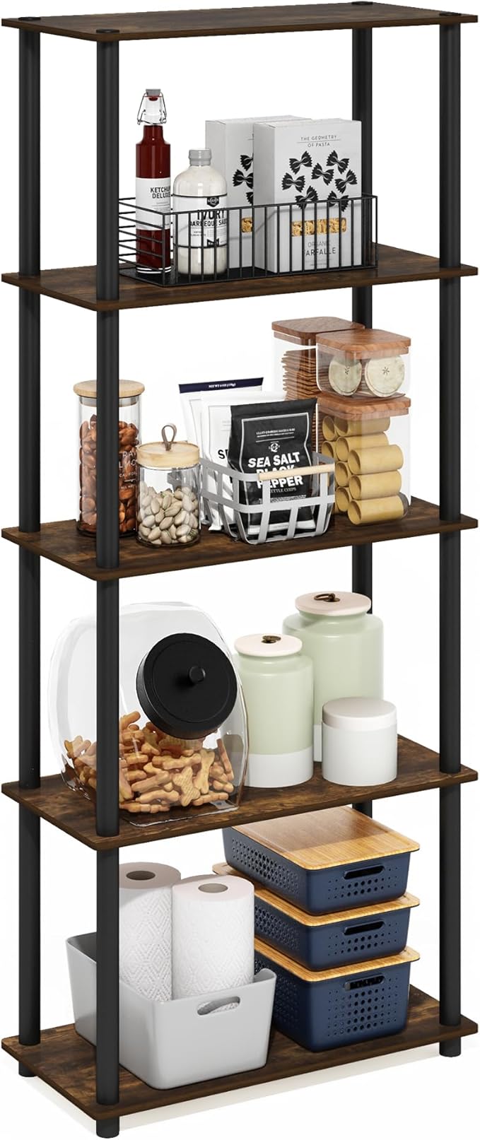 Furinno Turn-N-Tube Storage Shelves, 5-Tier Book Shelf, Corner Shelf, Toolless Open Shelves, for Organization and Storage, Living Room, Garage, Home Office, Amber Pine