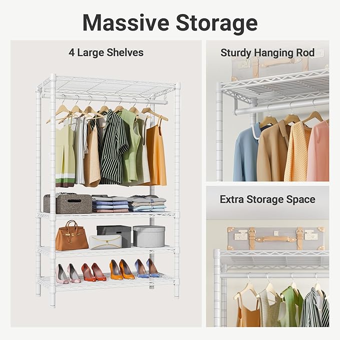 VIPEK V1 Wire Garment Rack 4 Tiers Heavy Duty Clothes Rack for Hanging Clothes Freestanding Closet Clothing Rack with 4 Adjustable Shelves, 35.4" L X 15.7" W X 70.9" H, Max Load 500LBS, White