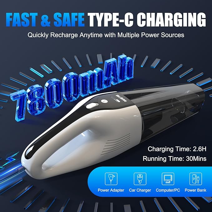 Handheld Vacuum Cordless, Ultra-Strong Suction Car Vacuum Portable Cordless, Rechargeable Hand Held Car Vacuum Cleaner High Power with Multi-Nozzles & Washable Filter for Car, Home, Pets, White