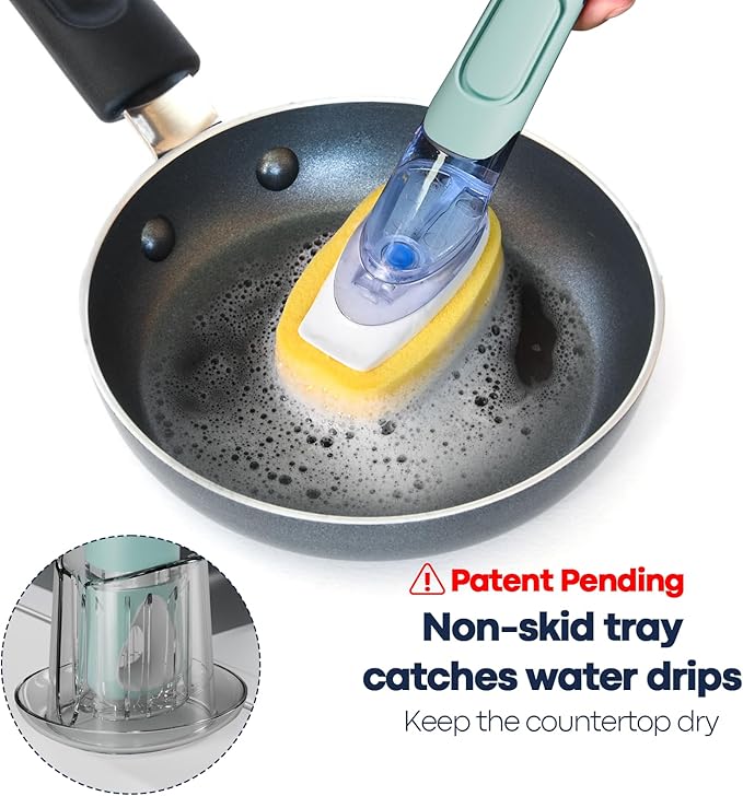 Dish Brush with Soap Dispenser Storage Set with 2 PCS Brush Refills & Holder, Dish Scrubber with Soap Dispenser, Dish Soap Brush, Dish Wand with Soap Dispenser for Dishes, Pans, Sink, Pots(Blue)