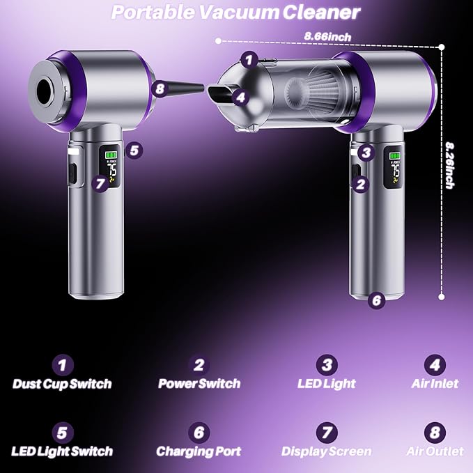 Car Vacuum Portable Cordless, 22000PA High Power Handheld Vacuum Cordless with Brushless Motor & LED Light, Small Vacuum for Car, Home, Pet, Office