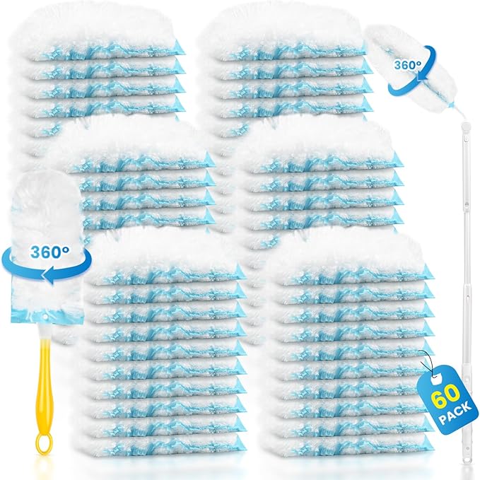 Duster Refills Compatible with Swiffer® Duster, 60 Count Heavy Duty Duster Refills with 1 Short Handle + 1 Extenda Handle, Multisurface 360° Dusters with 4X Microfibers, Unscented Dusters for Cleaning