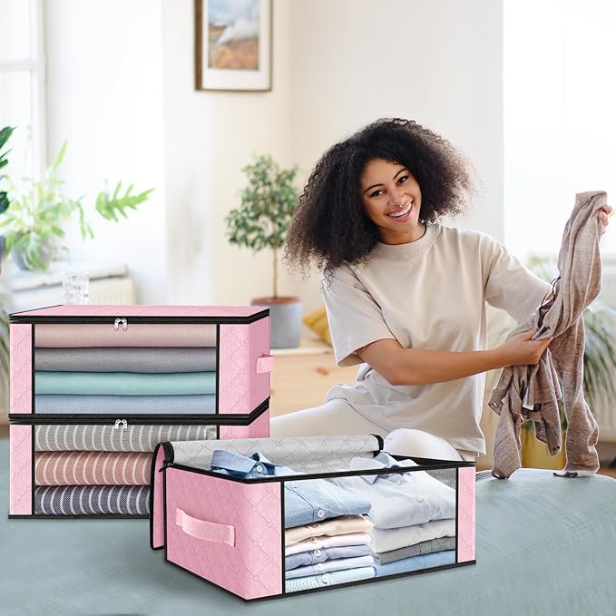 HomeHacks Storage 4-Pack Clothes Organizer Storage Bags Foldable Storage Box with Large Clear Window Sturdy Handles for Closet, Dorm, Pillows, Bedding, Clothes, Blankets, 35L, Pink