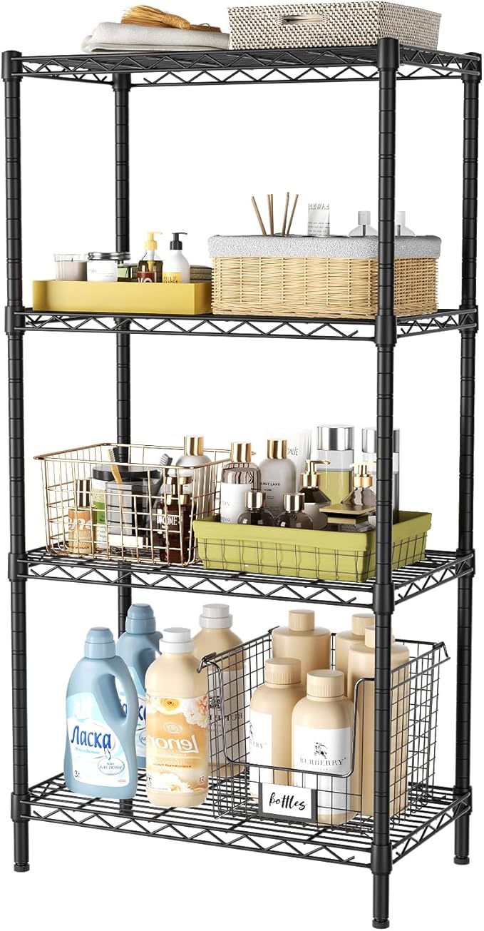 Golpart 4 Tier Adjustable Storage Shelves,Heavy Duty Metal Utility Shelf 600LBS Capacity,Wire Shelving Unit Organizer Rack for Home Kitchen Office BathroomM Pantry Room 12" D x 22" W x 44" H Black