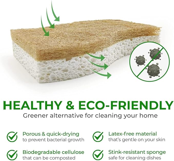 Natural Kitchen Sponges (24 Pack) - Biodegradable Cellulose & Coconut Scrubber Dish Sponges for Kitchen - Eco-Friendly, Non Scratch, Compostable, Non Toxic S-Shaped Natural Sponges for Dishes