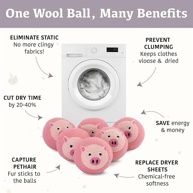 Wool Dryer Balls XL 6-Pack with Felt Box - 100% Pure Wool, Eco-Friendly Fabric Softener, Reduces Wrinkles & Drying Time, Anti-Static, Hypoallergenic, Reusable for 1000+ Loads (Pink Pig)