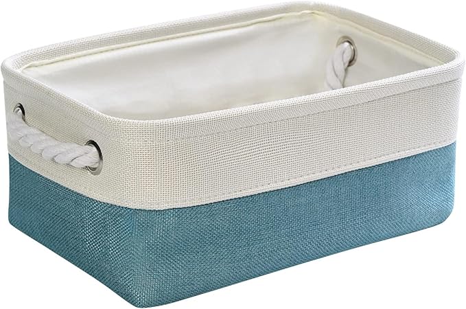 TheWarmHome Fabric Storage Bin with Handles,Storage Basket for Home Storage and Organization, Shelf Basket with Cover for Living Room Bedroom Decor Closet（White & Green,Small ,11.8L×7.9W×5.2H
