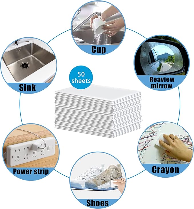 50PCS Magic Cleaning Sponge Eraser Sheets, Reusable Thin Nano Cleaner Pads Eraser Wipes for Kitchen Shoe Furniture Bathroom Shower Sink Hard-to-Reach Places