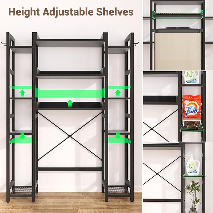 Besiost Over The Toilet Storage with 2 Drawers - 11 Tier Bathroom Organizer Freestanding Space Saver Storage Rack with Adjustable Shelf Above Toilet Stand with 4 Hooks for Restroom, Laundry, Black