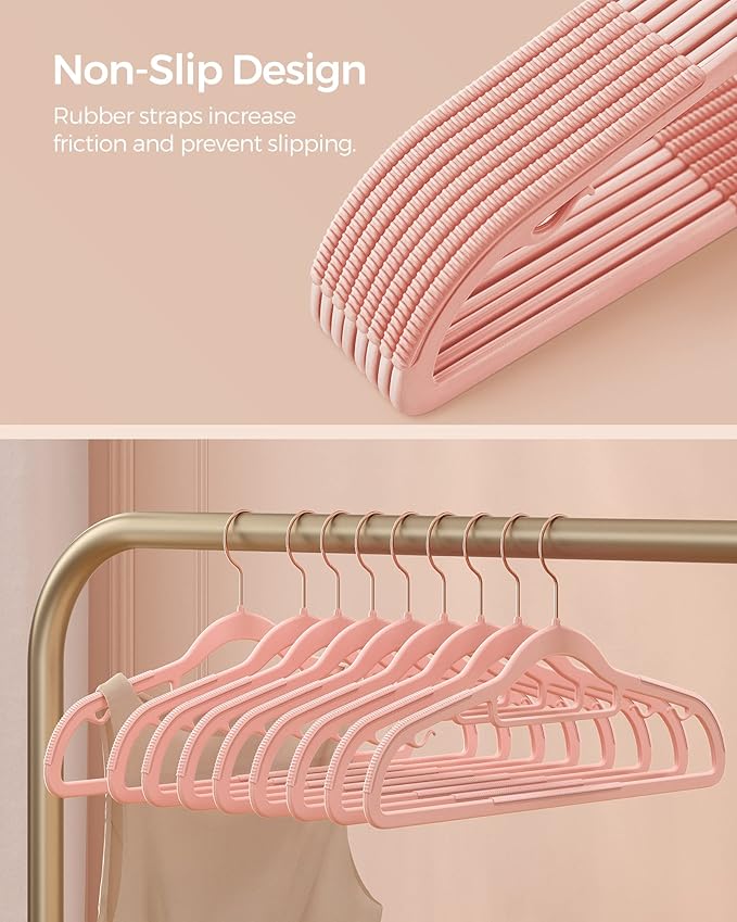 SONGMICS Pack of 50 Coat Hangers, Space-Saving Plastic Clothes Hangers, Non-Slip, 0.2 Inches Slim, 16.5 Inches Wide, 360° Swivel Rose Gold Hook, Light Pink UCRP20PK05