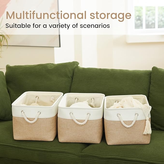 Large Storage Baskets- 15x11x10 inch Storage Bins for Shelves and Closet Organizing, Foldable Fabric Bin for Home Organization Clothes and Laundry (6-Pack, White&Khaki)