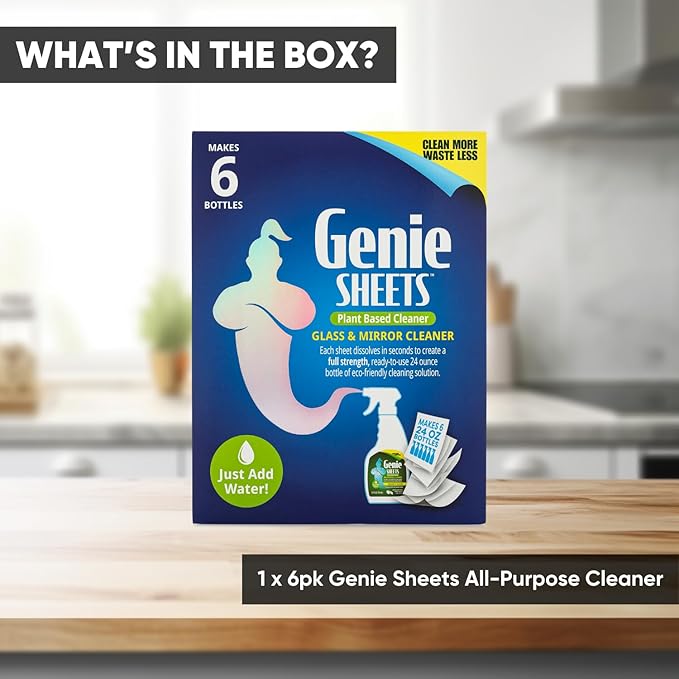 Genie Sheets Glass & Mirror Cleaner | Concentrate Makes 6 24oz Refills | Professional-Strength | Just Add Water | Sustainable Eco-Friendly Plant-Based Solution | 6 Sheets