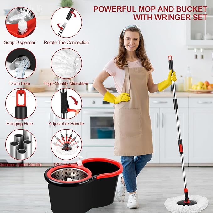 Spin Mop and Bucket with Wringer Set, 360° Spinning Mop Bucket System with 3 Microfiber Mop Replacement Heads, Adjustable Handle for Floor Cleaning (Black)