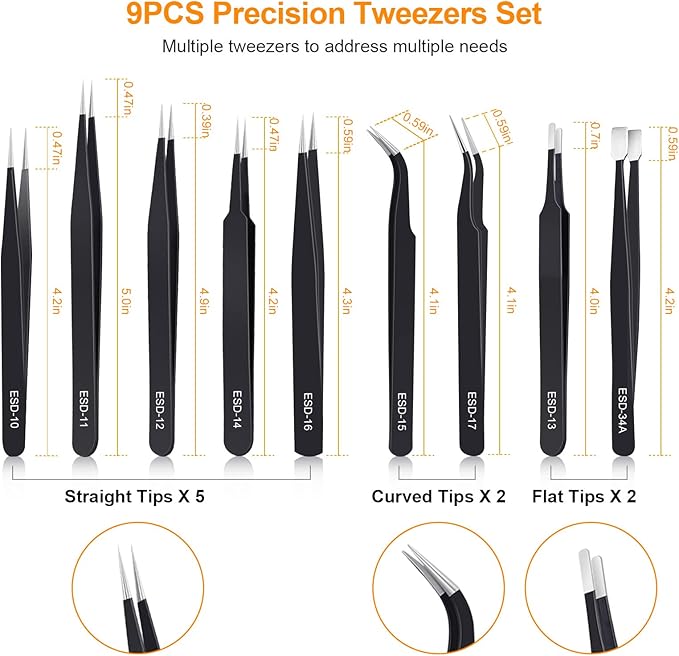 9PCS Precision Tweezers Set, Upgraded Anti-Static Stainless Steel of Tweezers, for Electronics, Soldering, Laboratory Work, Jewelry-Making, Model, Craft