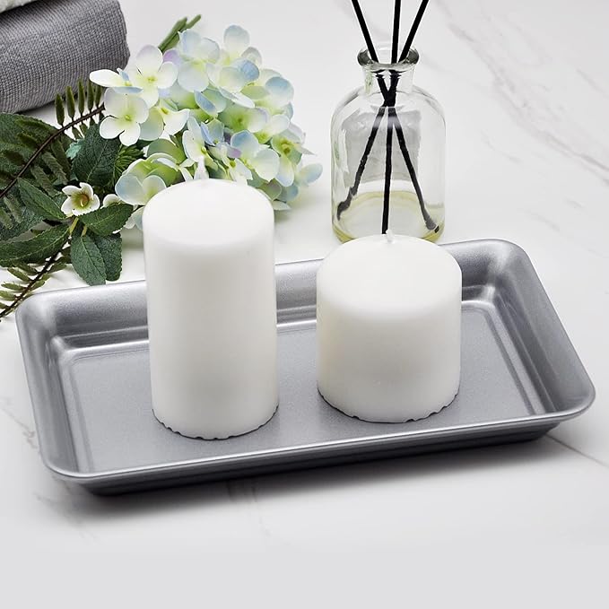 Vintage Farmhouse Decor Metal Vanity Tray(2 Pack),Countertop Guest Hand Towel Storage Organizer Tray Dispenser, Sturdy Holder for Perfume,Cosmetics, Jewelry, Makeup Bathroom Organizer (Silver)