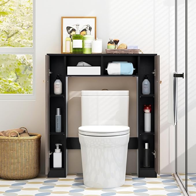Giantex Short Over The Toilet Storage Cabinet, Bathroom Organizer w/2 Open Compartments & 4 Adjustable Shelves, Freestanding Space Saver Above Toilet Storage for Restroom, Laundry Room (Black+Oak)