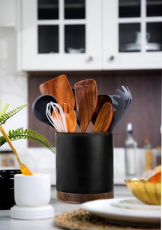 Nucookery 360°Rotating Utensil Holder, 7.2" Large Utensil Crock, White Ceramic Cooking Utensil Organizer,Farmhouse Kitchen Decor Christmas Thanksgiving Gift (Stone Black)