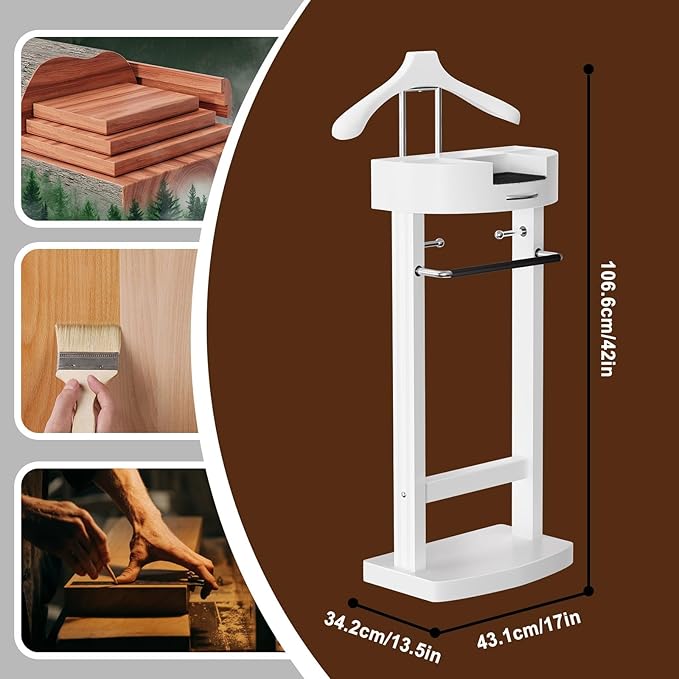 Wooden Suit Valet Stand for Men, Clothes Valet with Drawer, Shoe Rack, Tie Rack and Trouser Bar, Freestanding Clothes Organizer for Bedroom Entryway