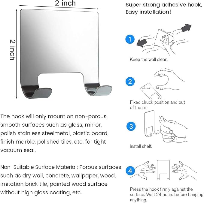 12 Inch Squeegee for Shower, Shower Squeegee with Suction Cup Hooks, for Glass Door Marble Mirror Bathroom, Chrome Plated Stainless Steel Deluxe Car Window Home Kitchen Tile Scraper