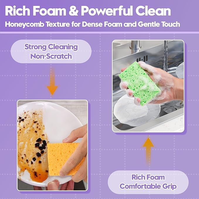 18 Pack Compressed Cellulose Sponges, 6 Color Assorted Kitchen Cleaning Sponges, Natural Wood Pulp, Scratch-Free, Durable & Reusable, Multipurpose Household & Dishwasher Safe