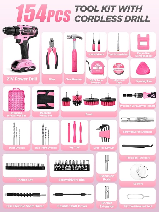 Cordless Drill Set 154 Pcs, 21V Power Drill with Tool Kit, Storage Bag, Electric Drills for Women, Precision Screwdriver set, Magnetic Tool Belt, Hand ToolBox, Drills Brush, Valentine's Day Gifts