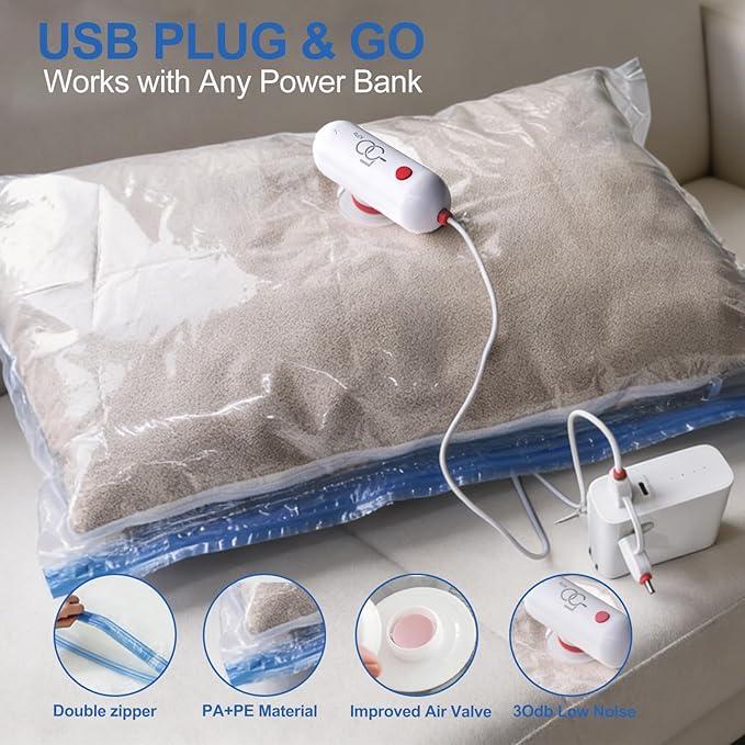 VMstr Vacuum Seal Bags for Clothing Travel, Vacuum Storage Bags with USB Electric Pump, Compression Space Saver for Luggage Suitcase 6 Combo Bags + USB Pump
