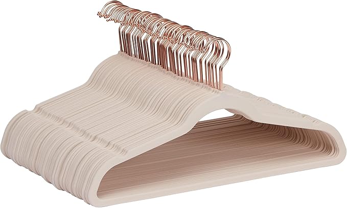 Amazon Basics Space Saving Slim Velvet Non-Slip Suit Clothes Hangers, Sturdy Construction, Closet Organizer, Pack of 50, Blush Pink/Rose Gold