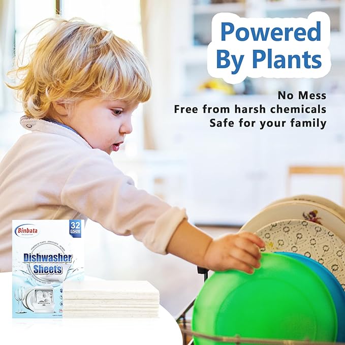 Binbata Upgraded Eco Dishwasher Detergent Sheets Up To 32 Loads, Unscented Plastic Free Dishwashing Soap Strips With High Efficient Solid Enzyme, Leaving Dishes Sparkling Clean