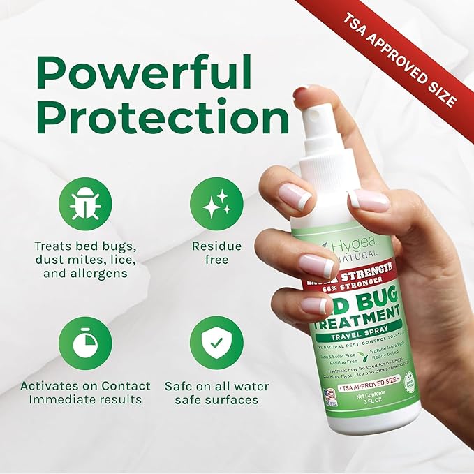 Hygea Natural Extra Strength Bed Bug & Mite Natural Travel Spray - TSA Approved Size - Child & Pet Friendly - Stain & Odor Free - for Hotel, Suitcase, Backpack, Shoes - 66% Stronger Formula(2pk, 3 oz)