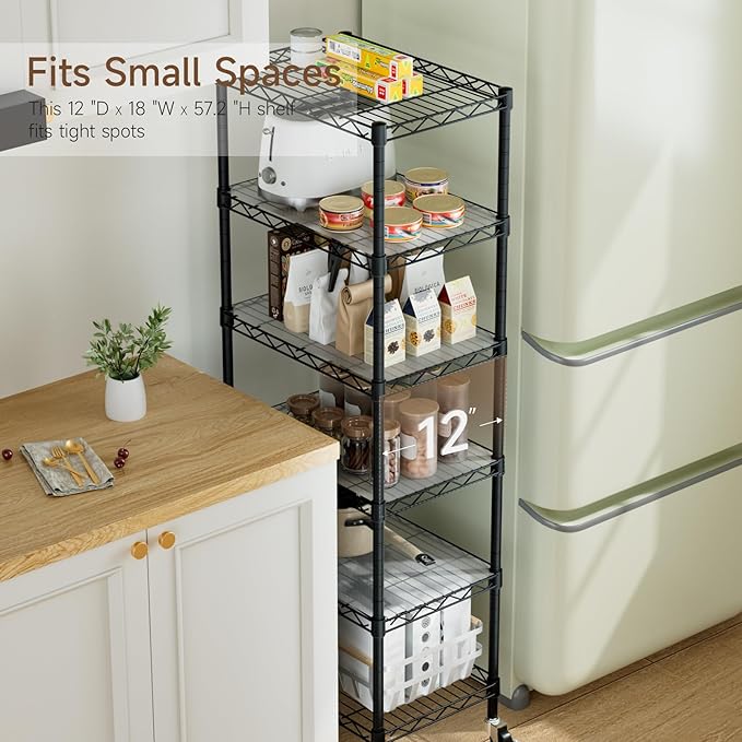 Golpart Small 6 Tier Shelves Storage Wire Shelving Unit Metal Shelf Adjustable Organizers Storage Shelving with Wheels for Bathroom Laundry Room Kitchen Pantry12”D x 18”W x 61.6”H Black