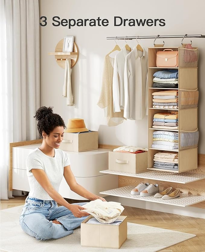 Pipishell 6-Shelf Hanging Closet Organizer, with 3 Detachable Drawers & Side Pockets, Closet Organizers and Storage for Bedroom, Garment Rack and Wardrobe Organization, Dorm Clothes Organizer, Beige