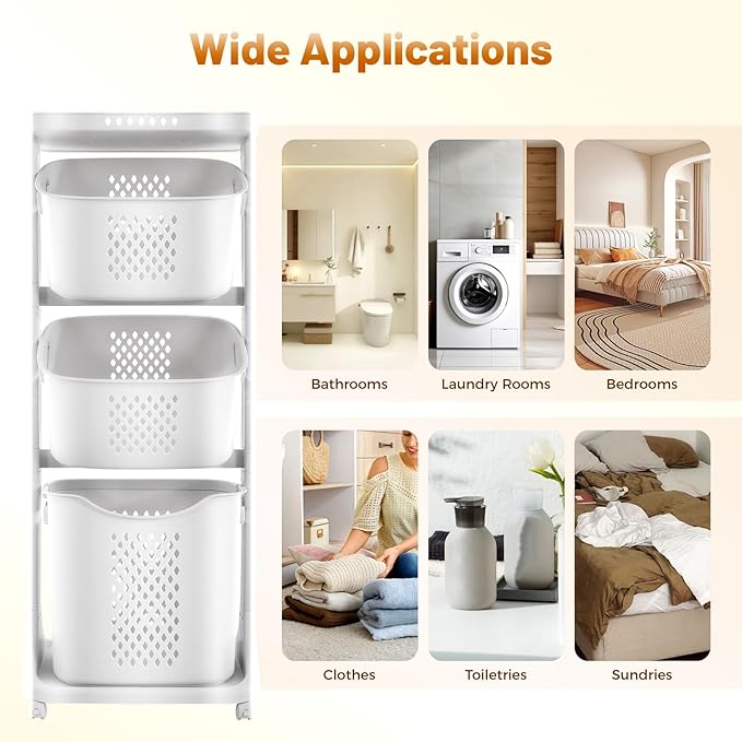 Household Storage Basket, 360° Rolling Movable Laundry Basket,Floor-Standing White Multi-layer Clothes Organizer for Kitchen,living Room and Bathroom (3 Tiers)
