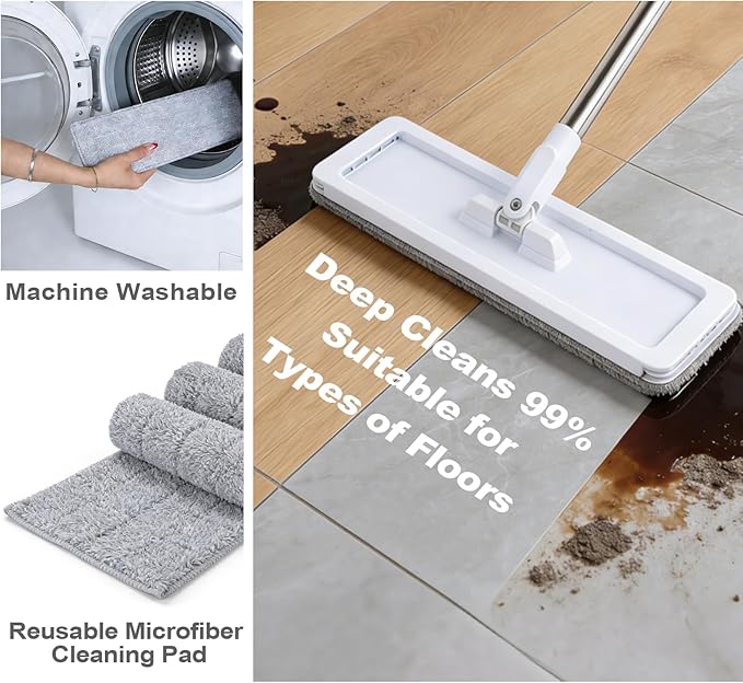 Mop and Bucket Set, 50" Flat Mop and Bucket System for Floor Cleaning, Separate Dirty and Clean Water, 4 Microfiber Pads Included, Wet and Dry Use, for Cleaning All Floor Types and Windows