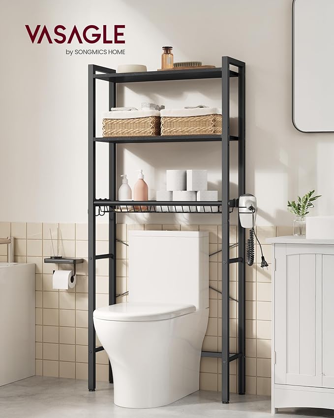 VASAGLE Over the Toilet Storage, Over Toilet Bathroom Organizer with Adjustable Shelves and Basket, 3 Hooks, Space Saving, 9.4 x 23.6 x 63 Inches, Ebony Black UBTS113BE01S