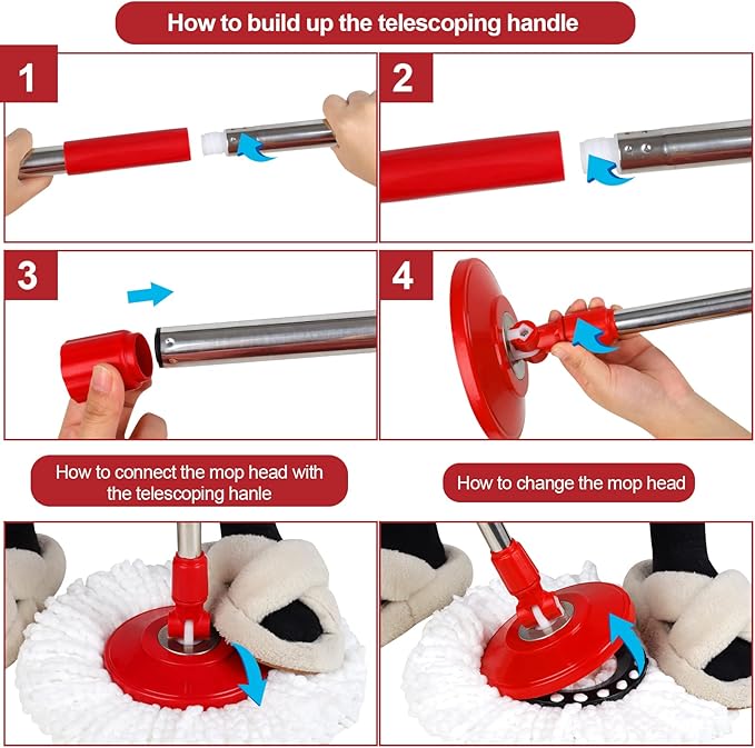 Spin Mop and Bucket with Wringer Set, 360° Spinning Mop Bucket System with 3 Microfiber Mop Replacement Heads, Adjustable Handle for Floor Cleaning (red)