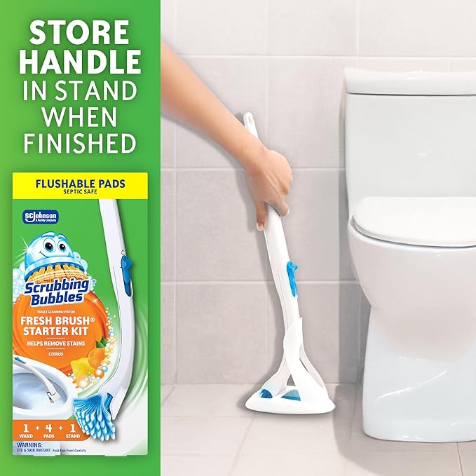 Scrubbing Bubbles Toilet Bowl Cleaning System with Flushable & Disposable Cleaner Refill Pads, Fights Odors and Helps Remove Limescale & Hard Water Stains, Citrus Scent, 1 Wand + 4 Refills + 1 Stand