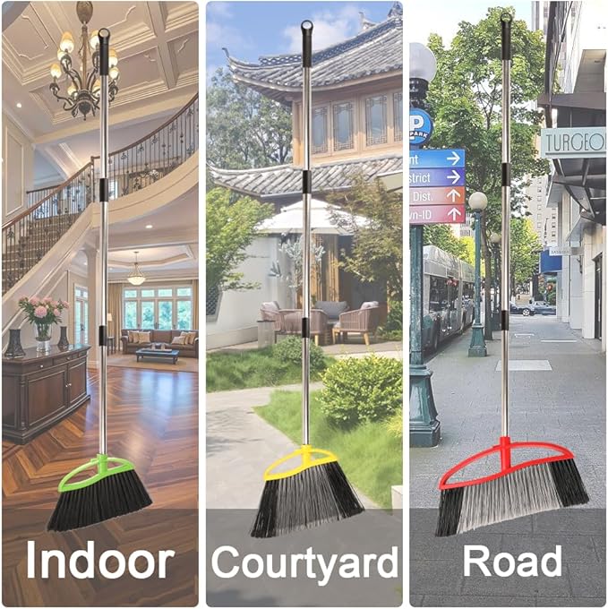 3-Pack Indoor Outdoor Broom Set with Soft & Stiff Bristles, Heavy Duty Sweeping Angle Broom for Corners, Long Handle for Garage, Warehouse, Concrete & Tile Floors